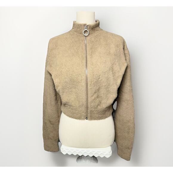 GYMSHARK X Whitney Simmons Small Beige Brown Zip Eyelash Knit Cropped Jacket Fur - Picture 1 of 11